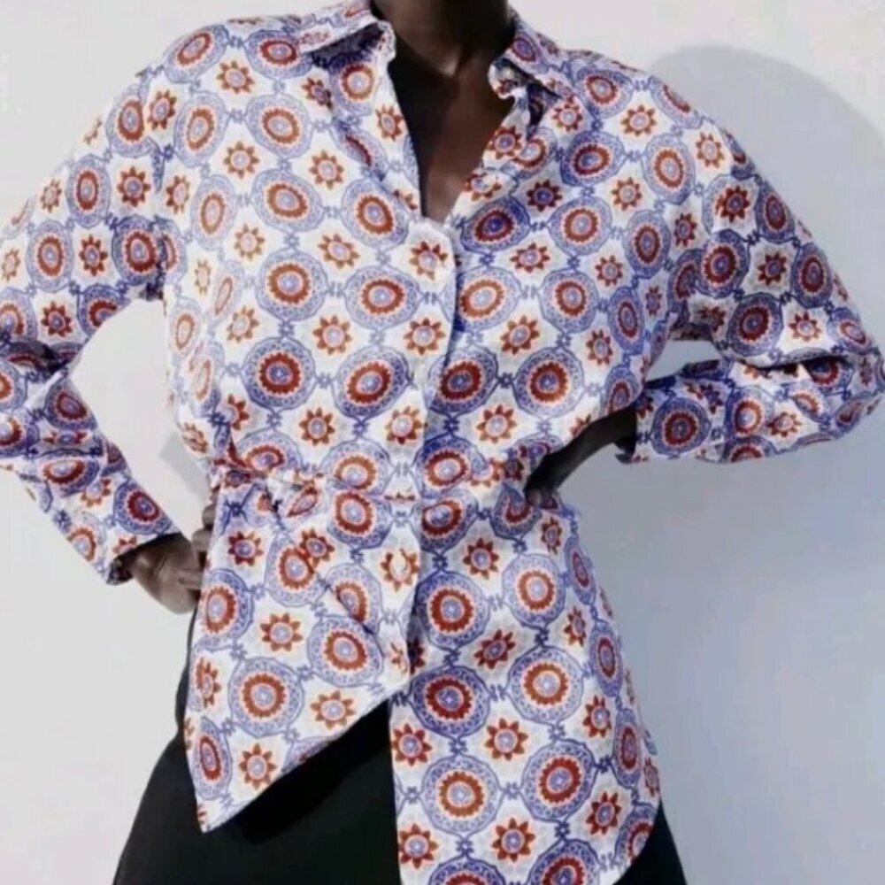 NWT zara shirt women's Printed long sleeve floral button SIZE S 2840/611/330